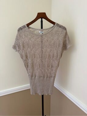 Cache Open-Knit Short Sleeve Pullover in Light Taupe Vintage Cache